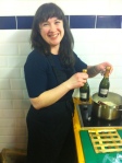 Val midst prep of her 'prosecco' risotto for 2